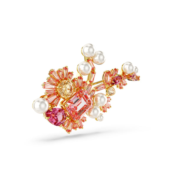 Gema Broş, Mixed Cut, Flower, Pembe, Altin Rengi Kaplama
