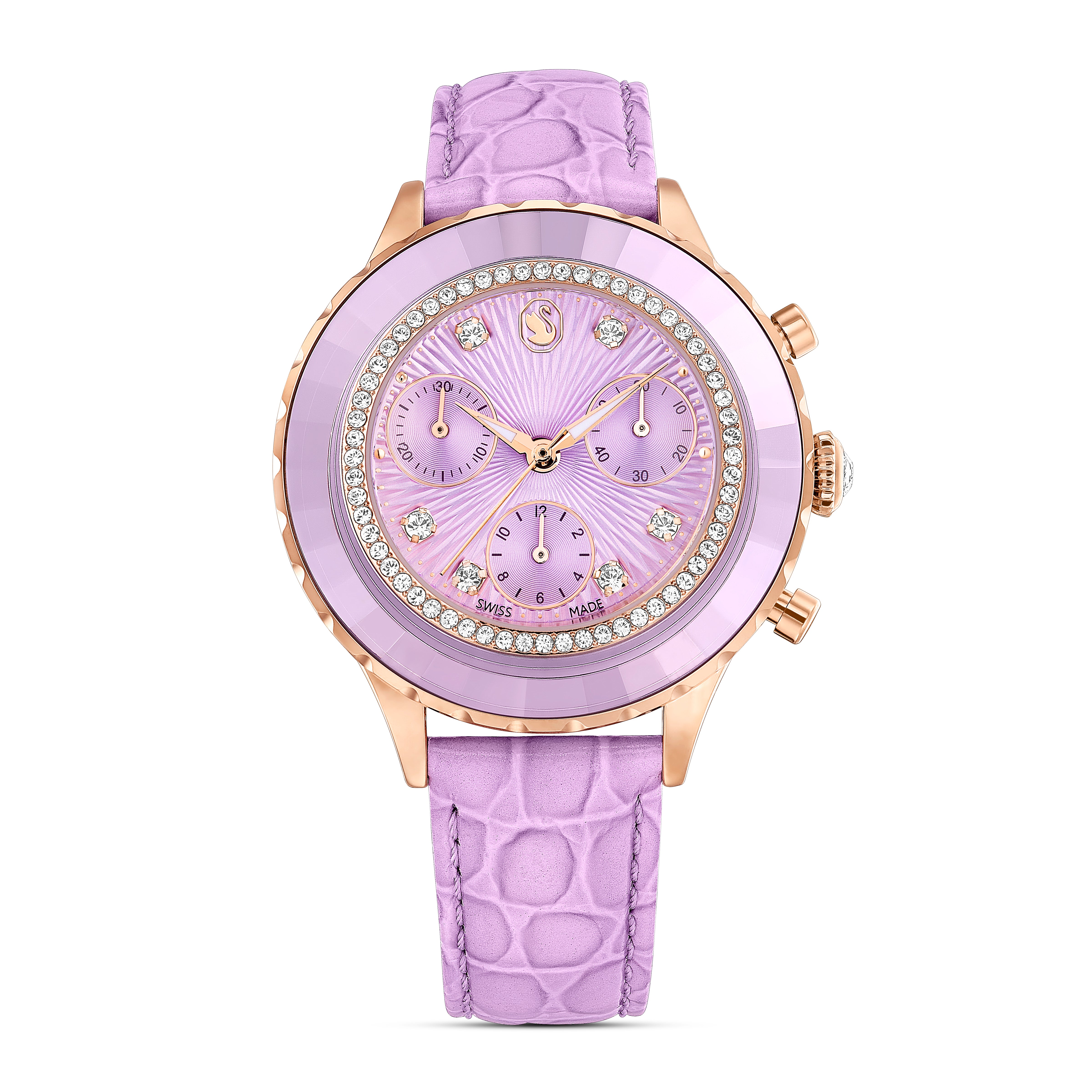 Octea Chrono Saat, Swiss Made, Deri Kayış, Mor, Pembe Altın Rengi Kaplama