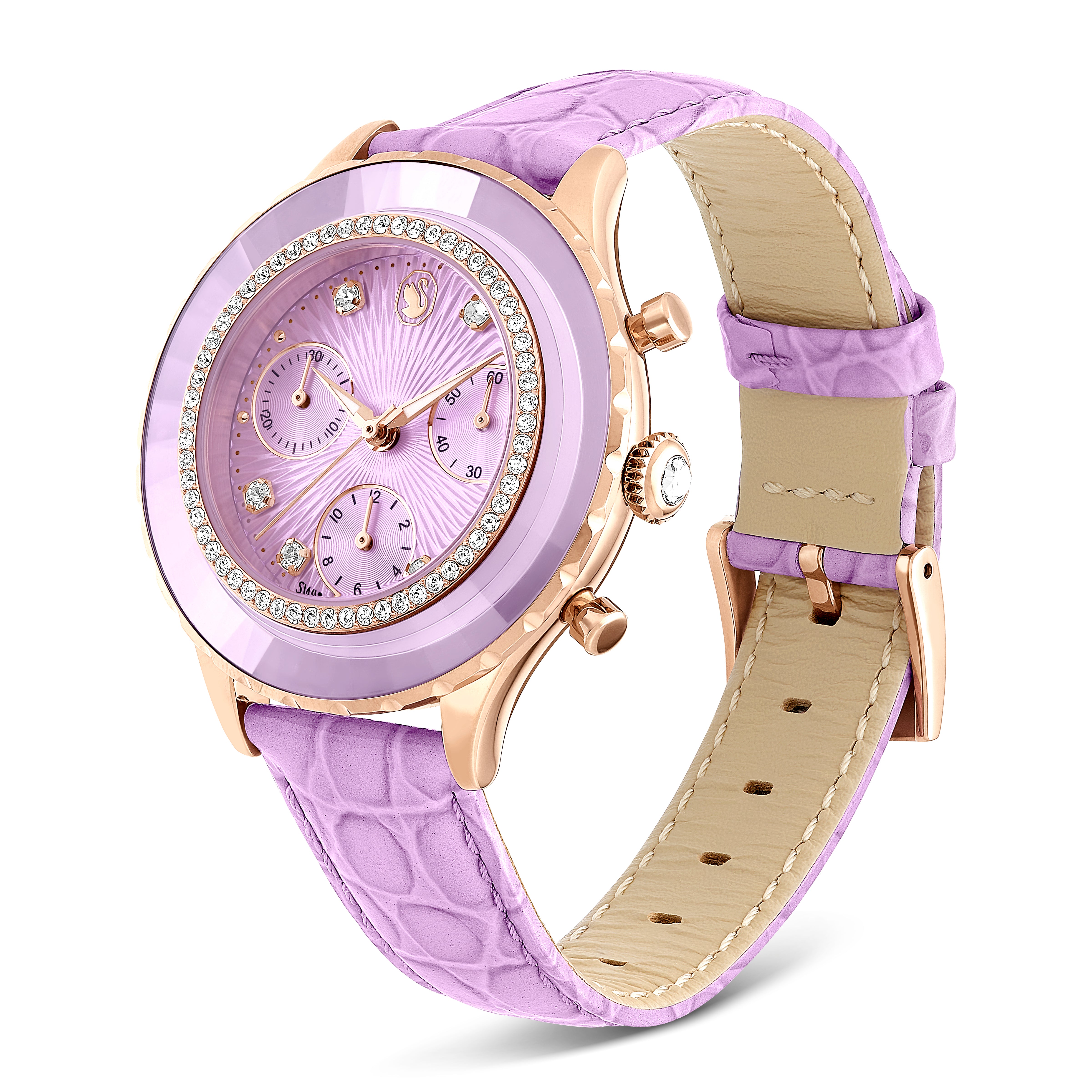 Octea Chrono Saat, Swiss Made, Deri Kayış, Mor, Pembe Altın Rengi Kaplama