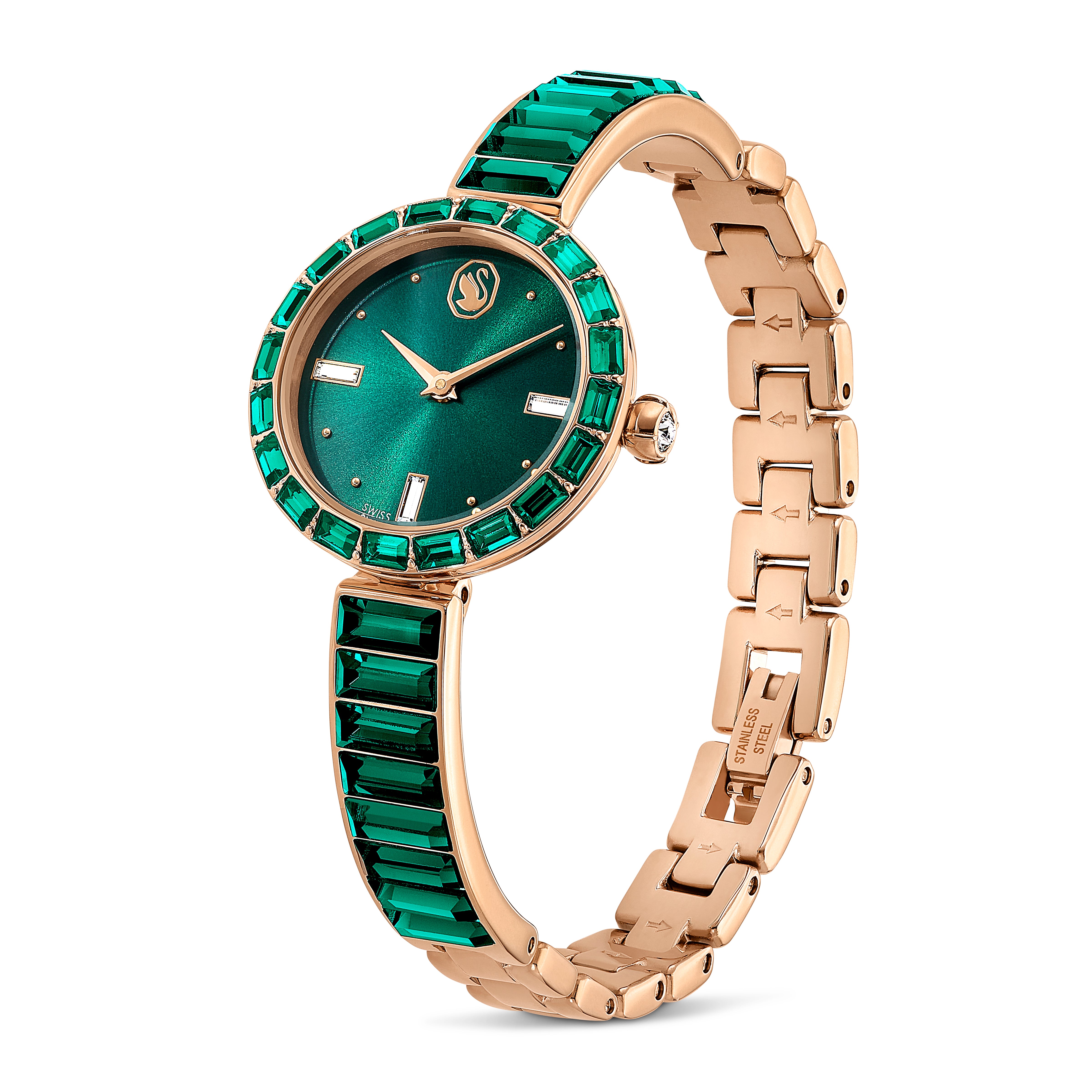 Matrix Bangle Saat, Swiss Made, Kristal Bileklik, Yeşil, Şampanya Altin Rengi Yüzey