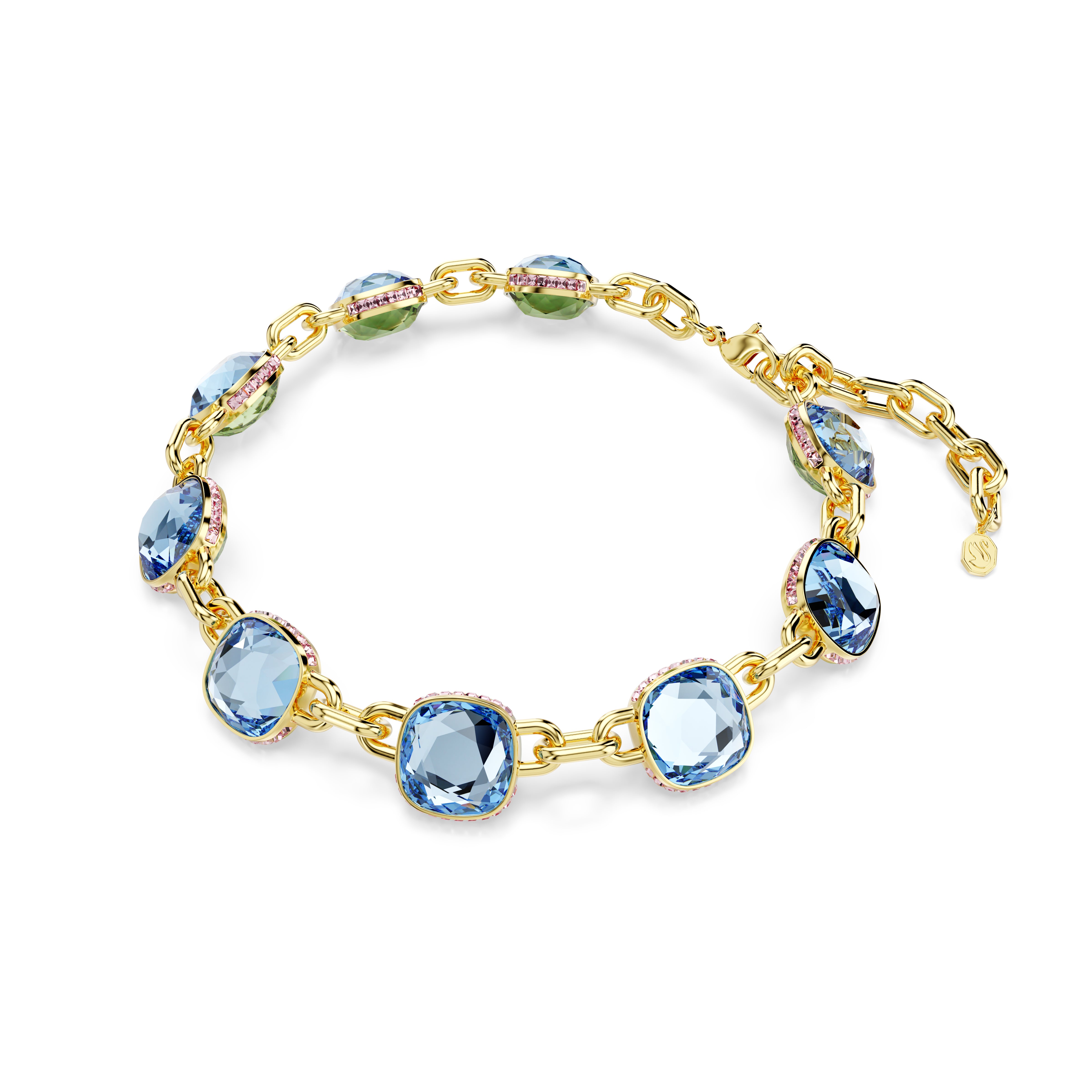 Chroma Tennis Kolye, Yastik Kesim, Mavi, Altin Rengi Kaplama