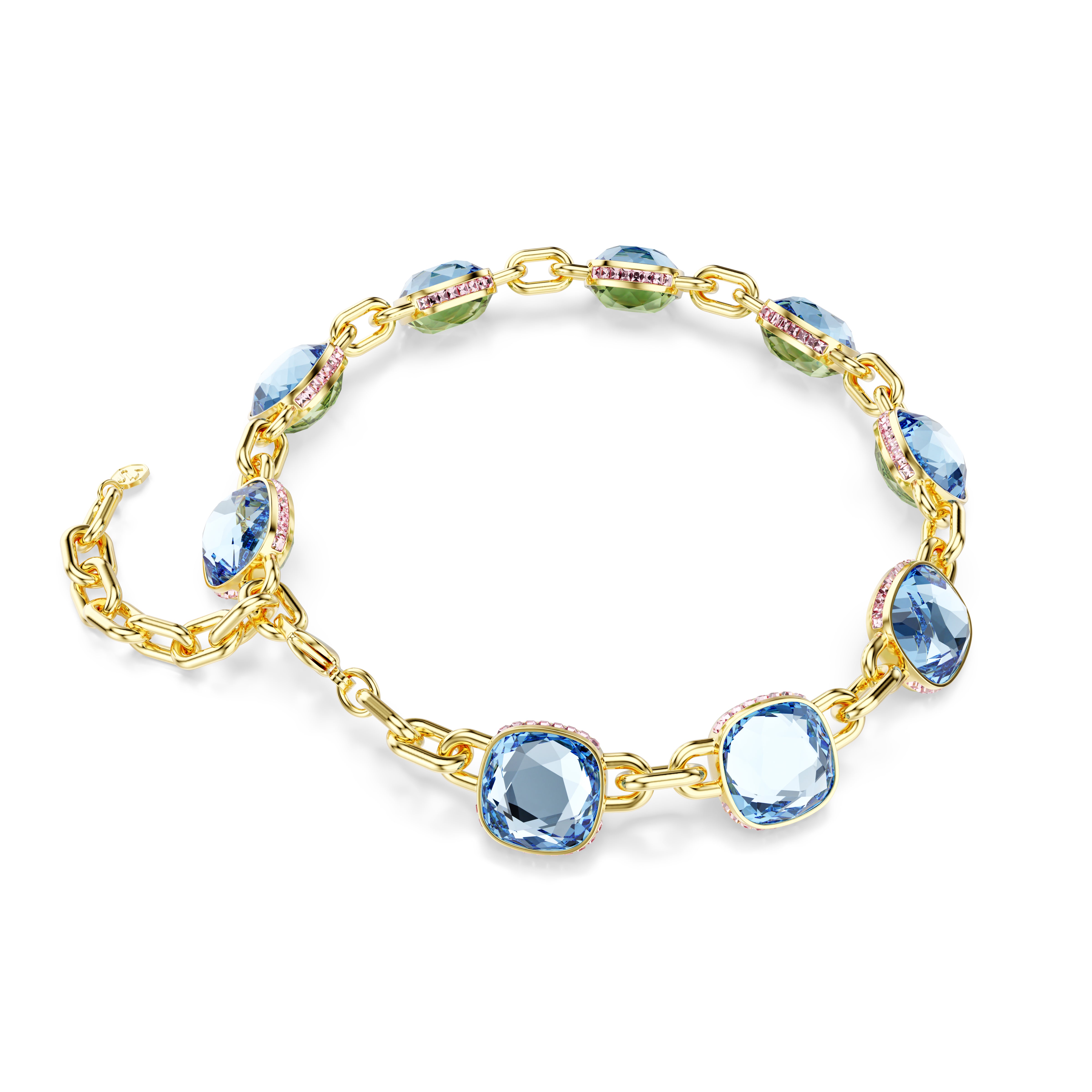 Chroma Tennis Kolye, Yastik Kesim, Mavi, Altin Rengi Kaplama