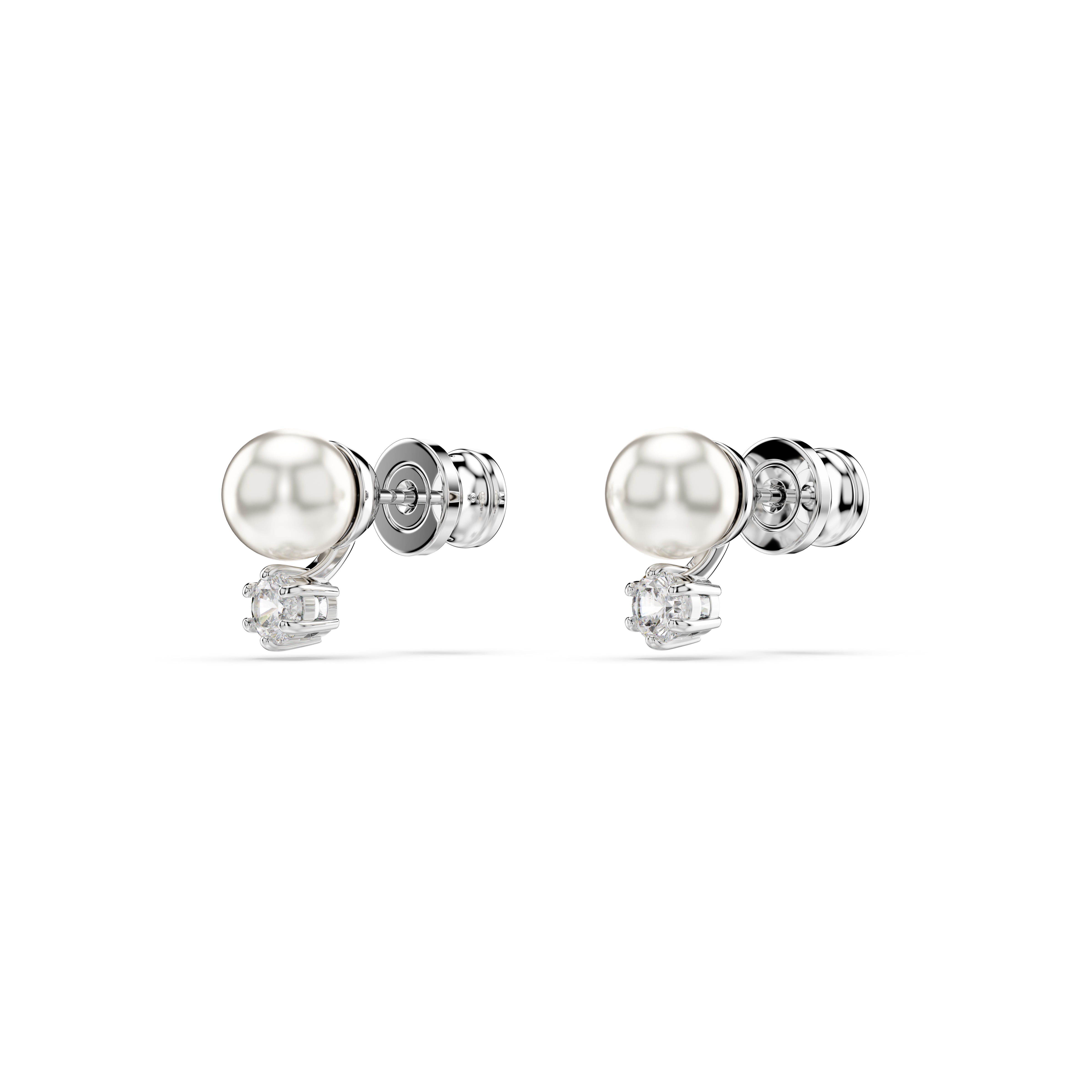 Matrix Stud Küpe, Kristal İnci, Round Cut, Beyaz, Rodyum Kaplama