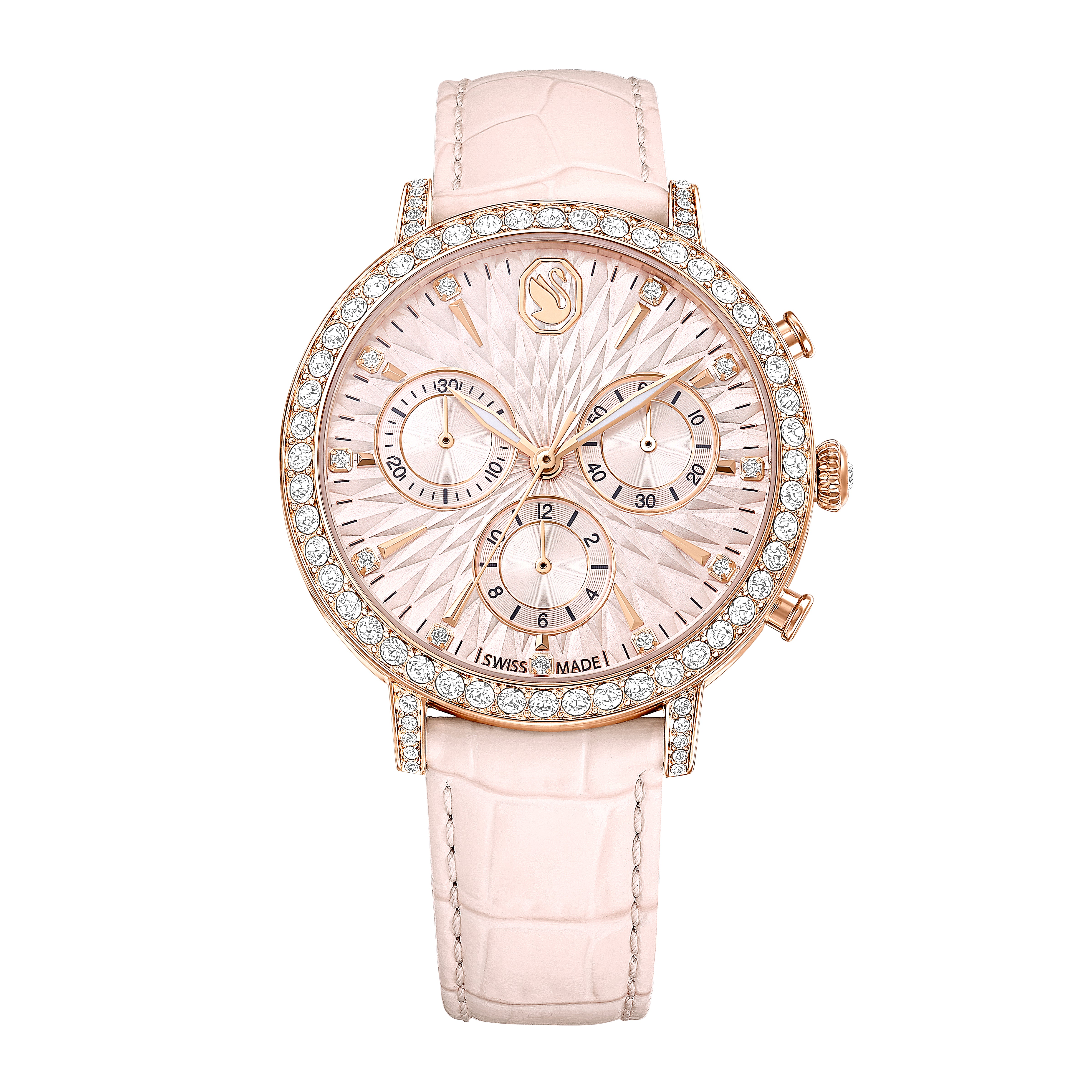 Matrix Tennis Chrono Saat, Swiss Made, Deri Kayiş, Pembe, Pembe Altin Rengi Kaplama