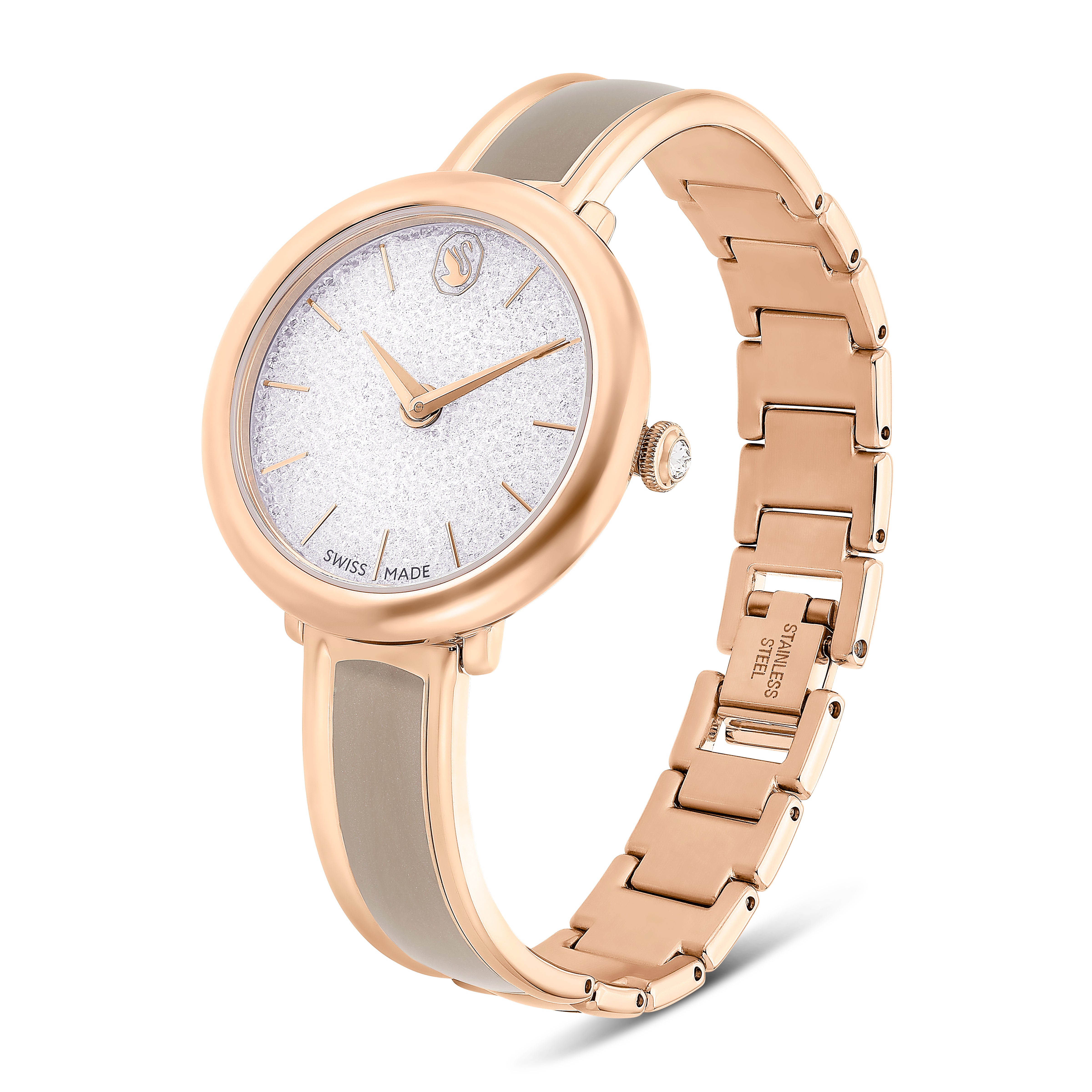 Crystalline Bangle Saat, Swiss Made, Metal Bileklik, Bej, Pembe Altin Rengi Kaplama