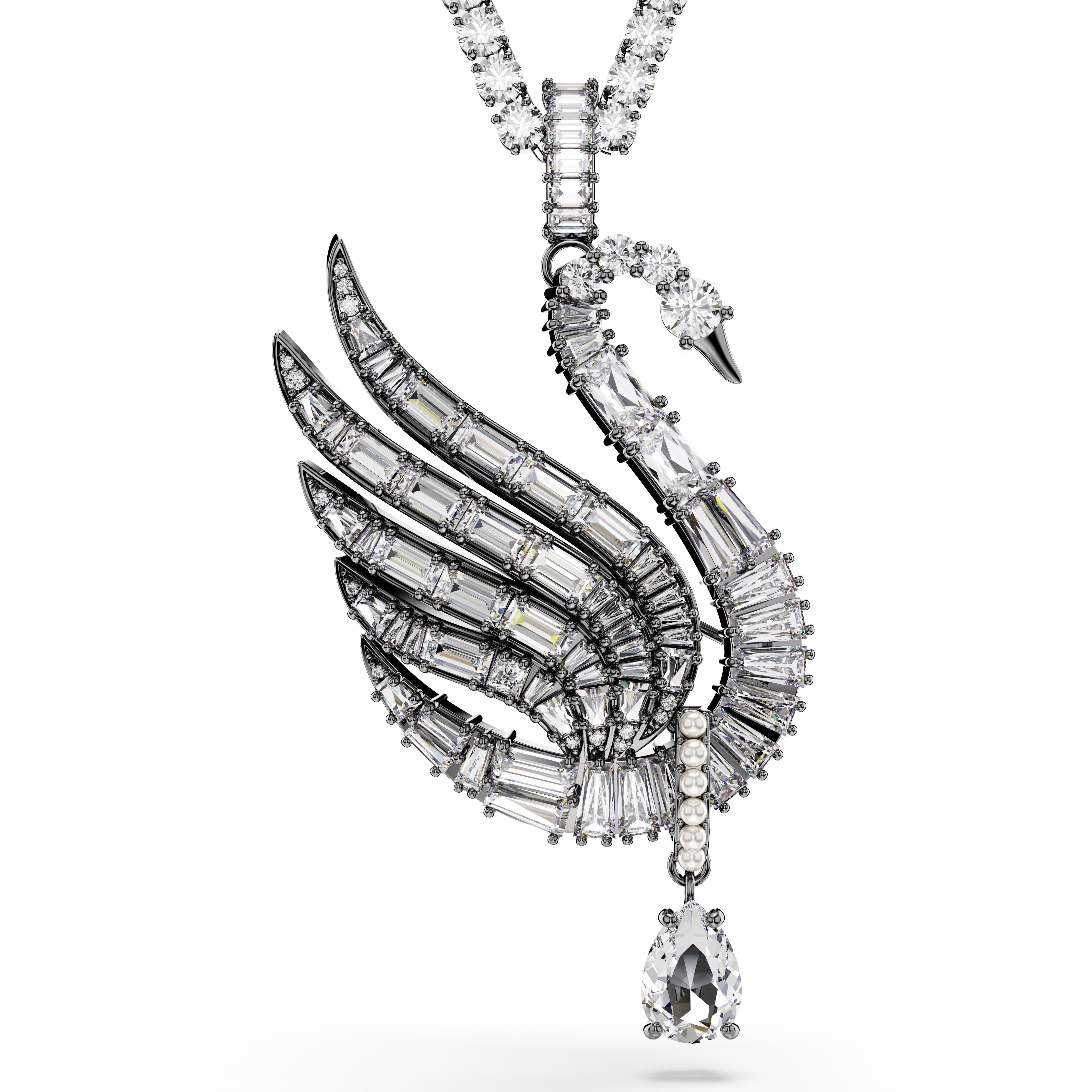 Swan Kolye ve Broş, Kuğu, Beyaz, Rutenyum Kaplama