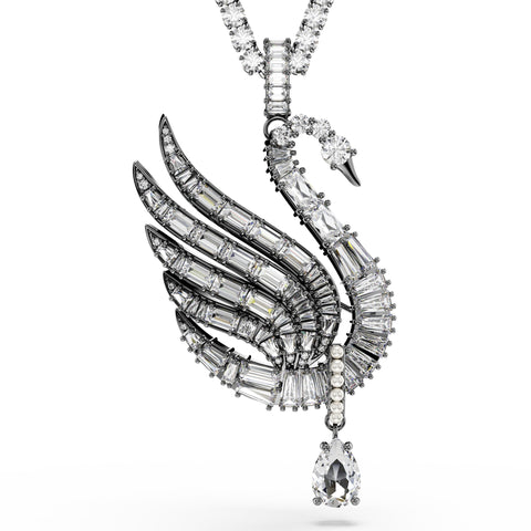 Swan Kolye Ve Broş, Kuğu, Beyaz, Rutenyum Kaplama