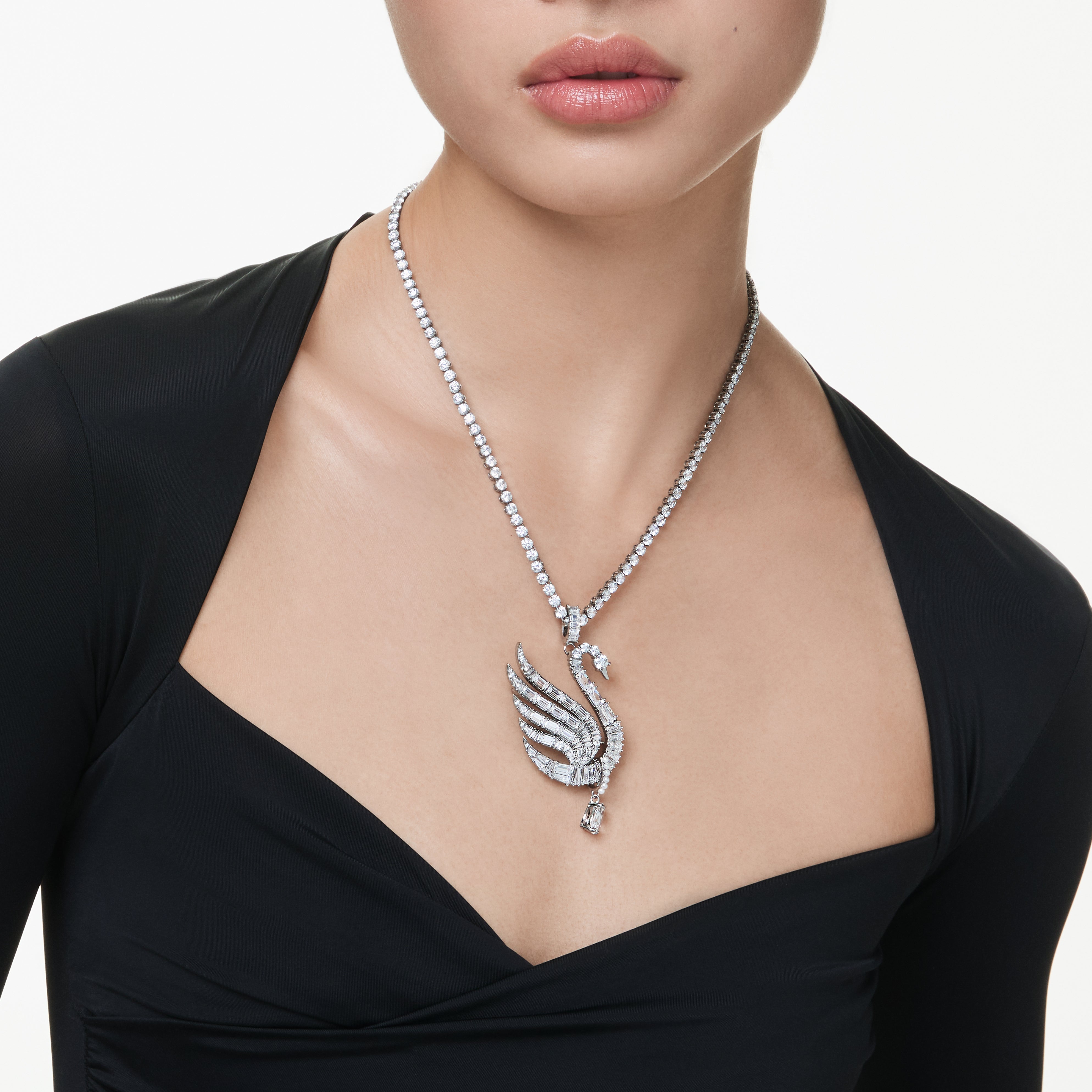 Swan Kolye ve Broş, Kuğu, Beyaz, Rutenyum Kaplama