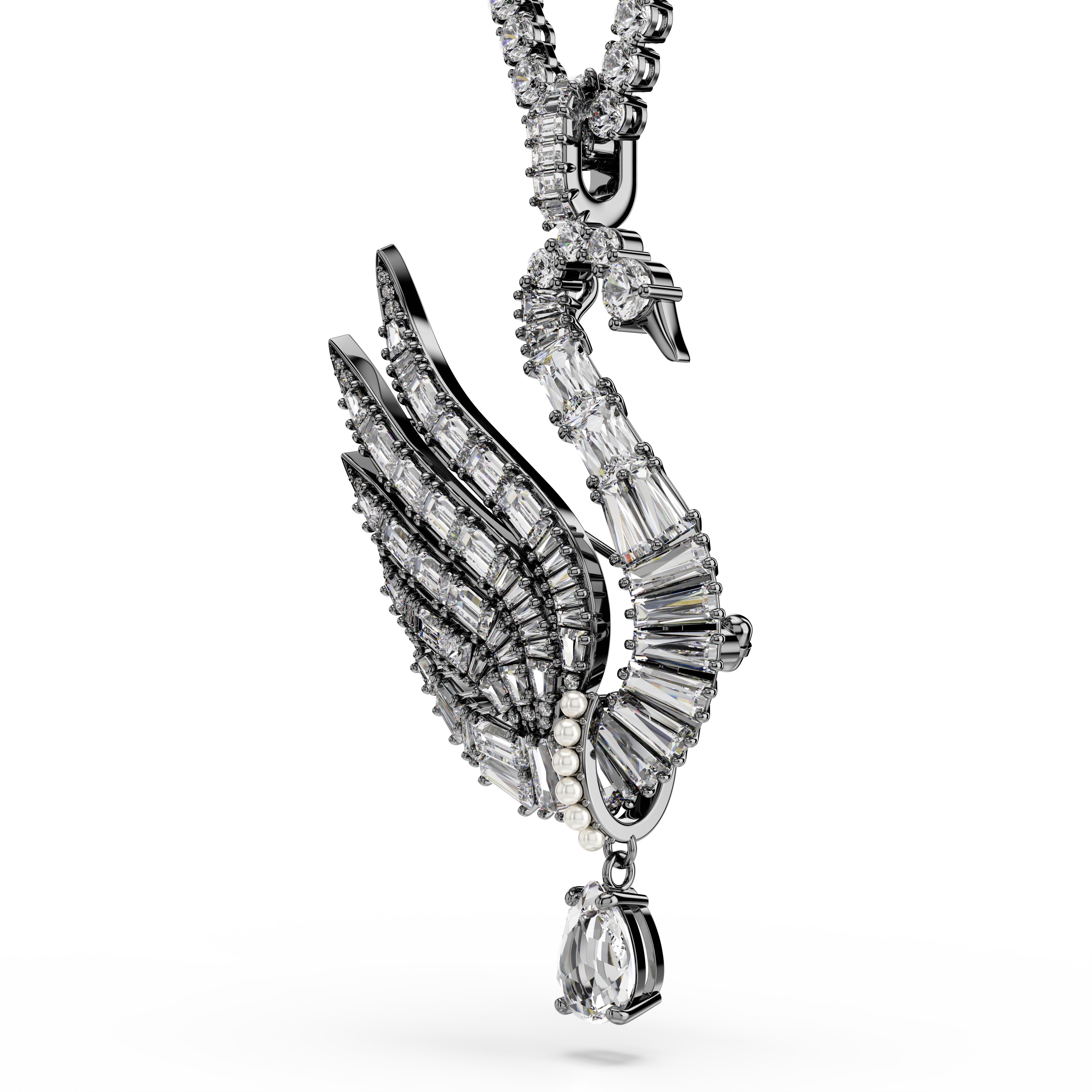 Swan Kolye Ve Broş, Kuğu, Beyaz, Rutenyum Kaplama