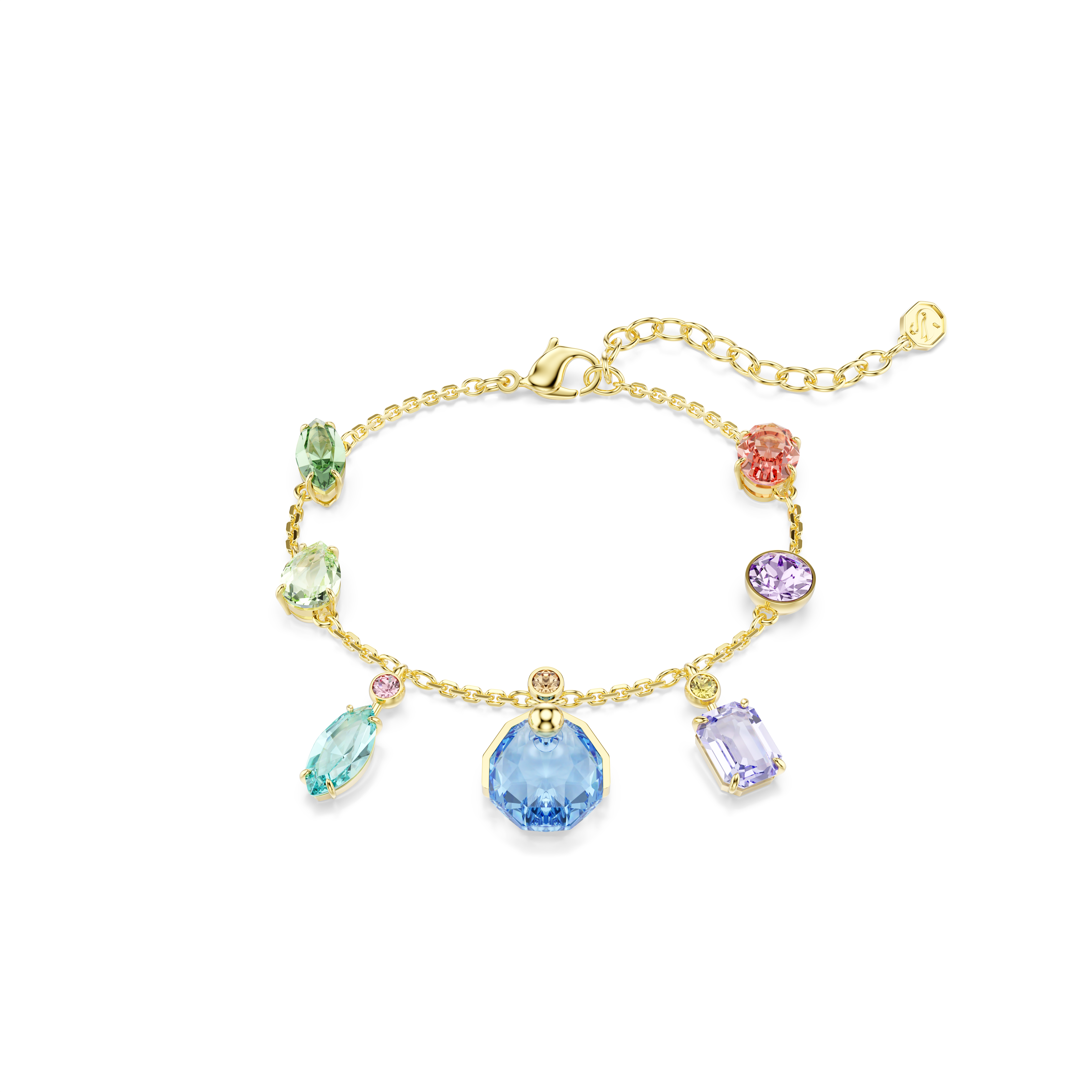 Gema Bileklik, Karişik Kesim, Sallantili Kristaller, Çok Renkli, Sari Altin Rengi Kaplama