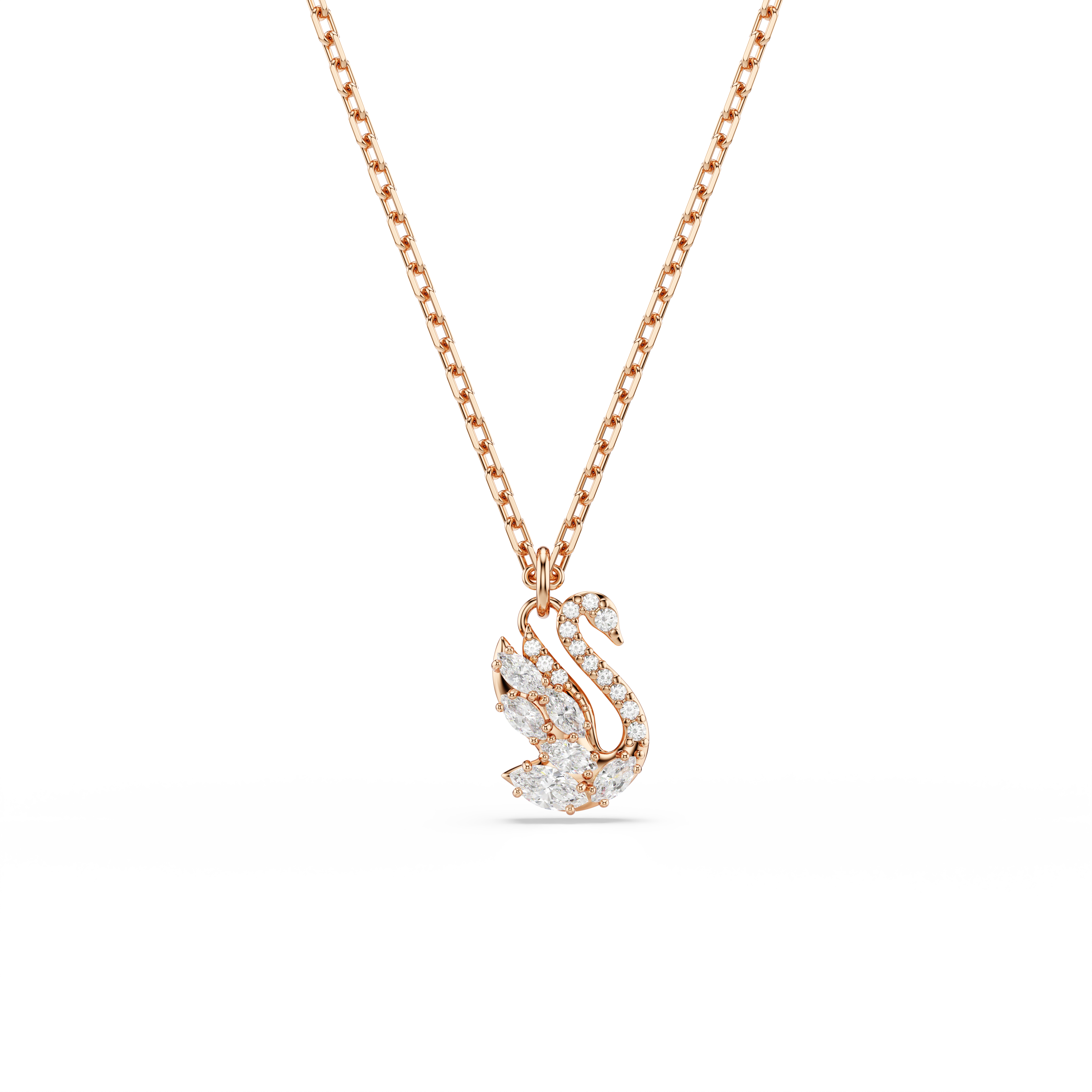 Swan Zincir Kolye, Karışık Kesim, Kuğu, Beyaz, Pembe Altın Rengi Kaplama