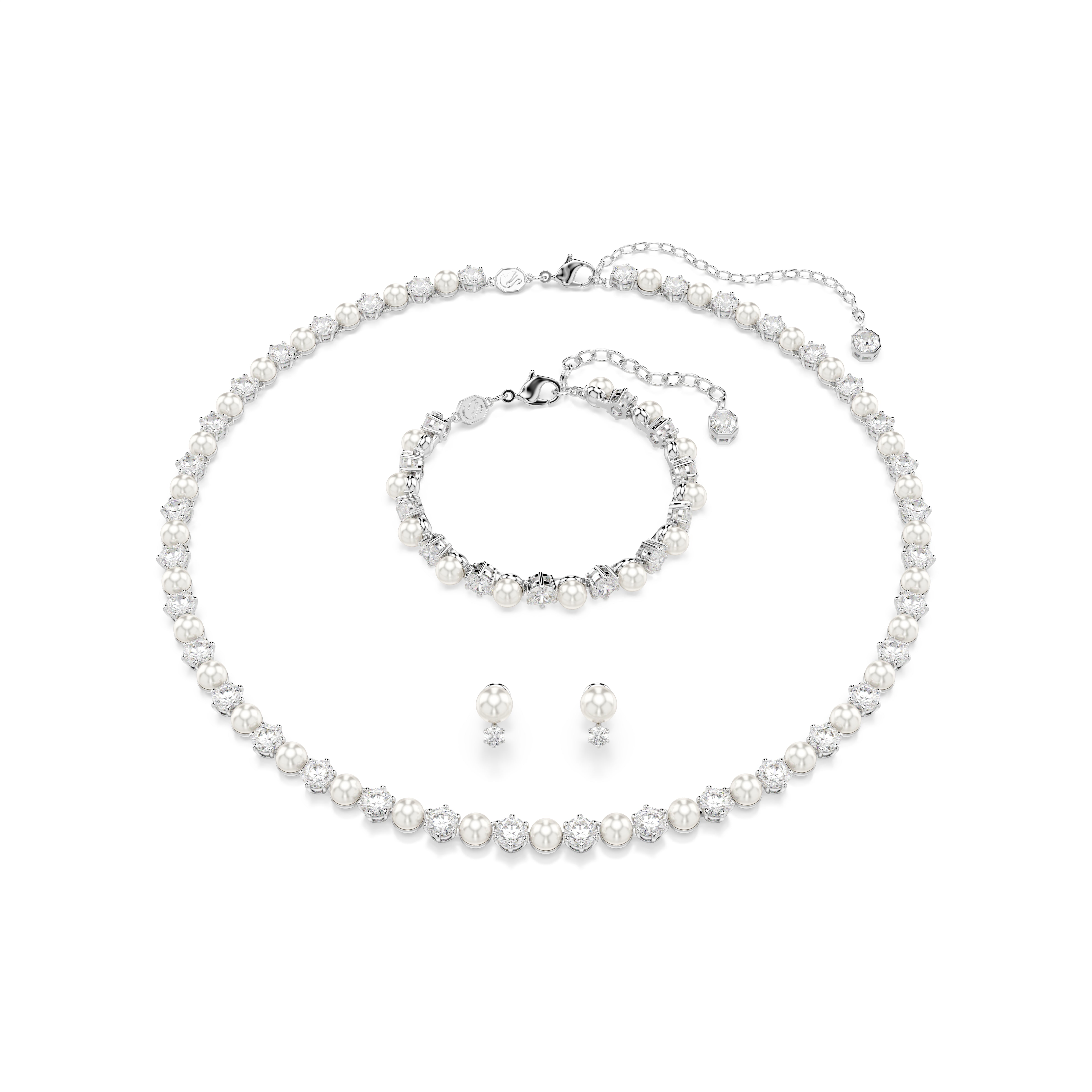 Matrix Set, Kristal İnci, Yuvarlak Kesim, Beyaz, Rodyum Kaplama
