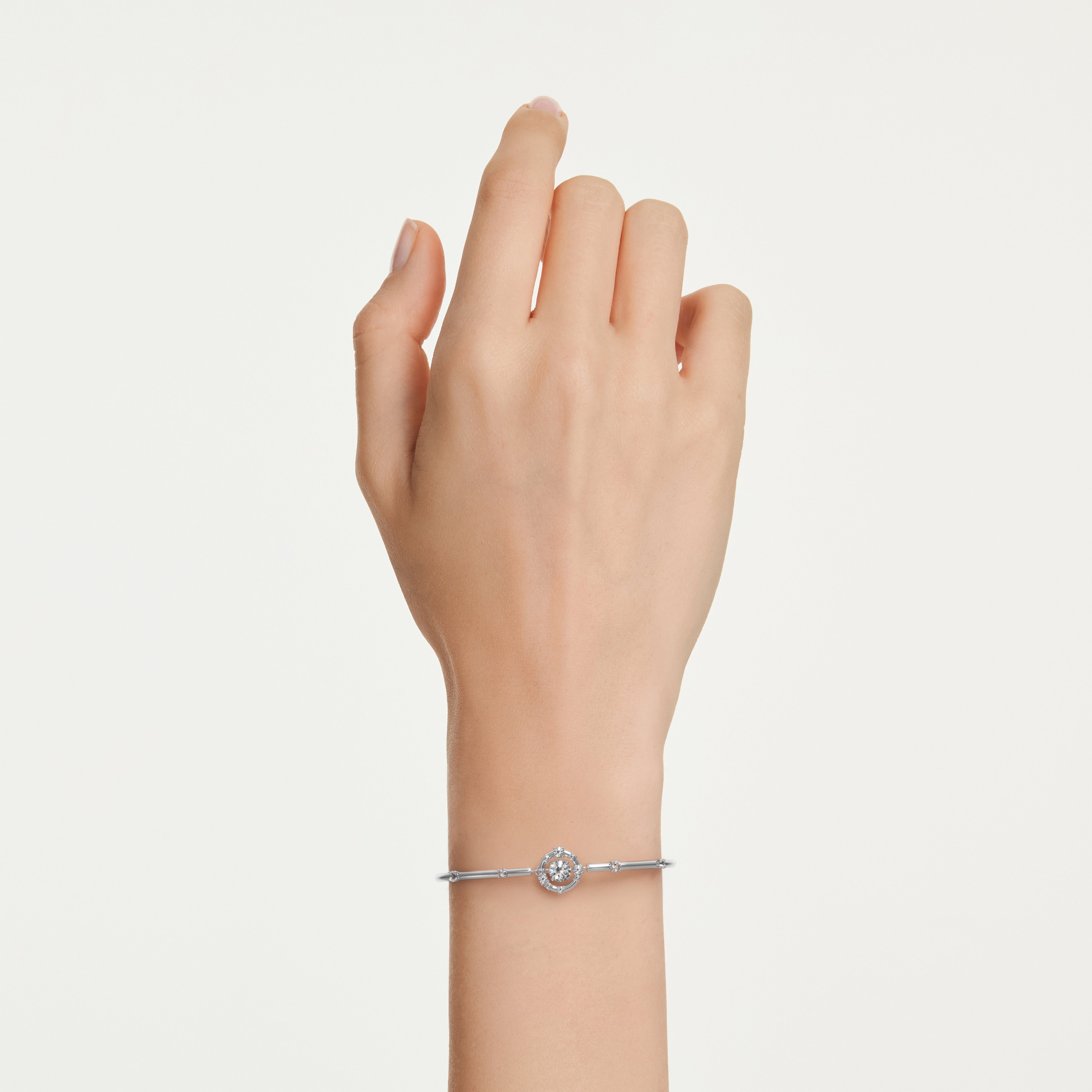 Constella Bangle Bileklik, Yuvarlak Kesim, Dancing Stone, Beyaz, Rodyum Kaplama
