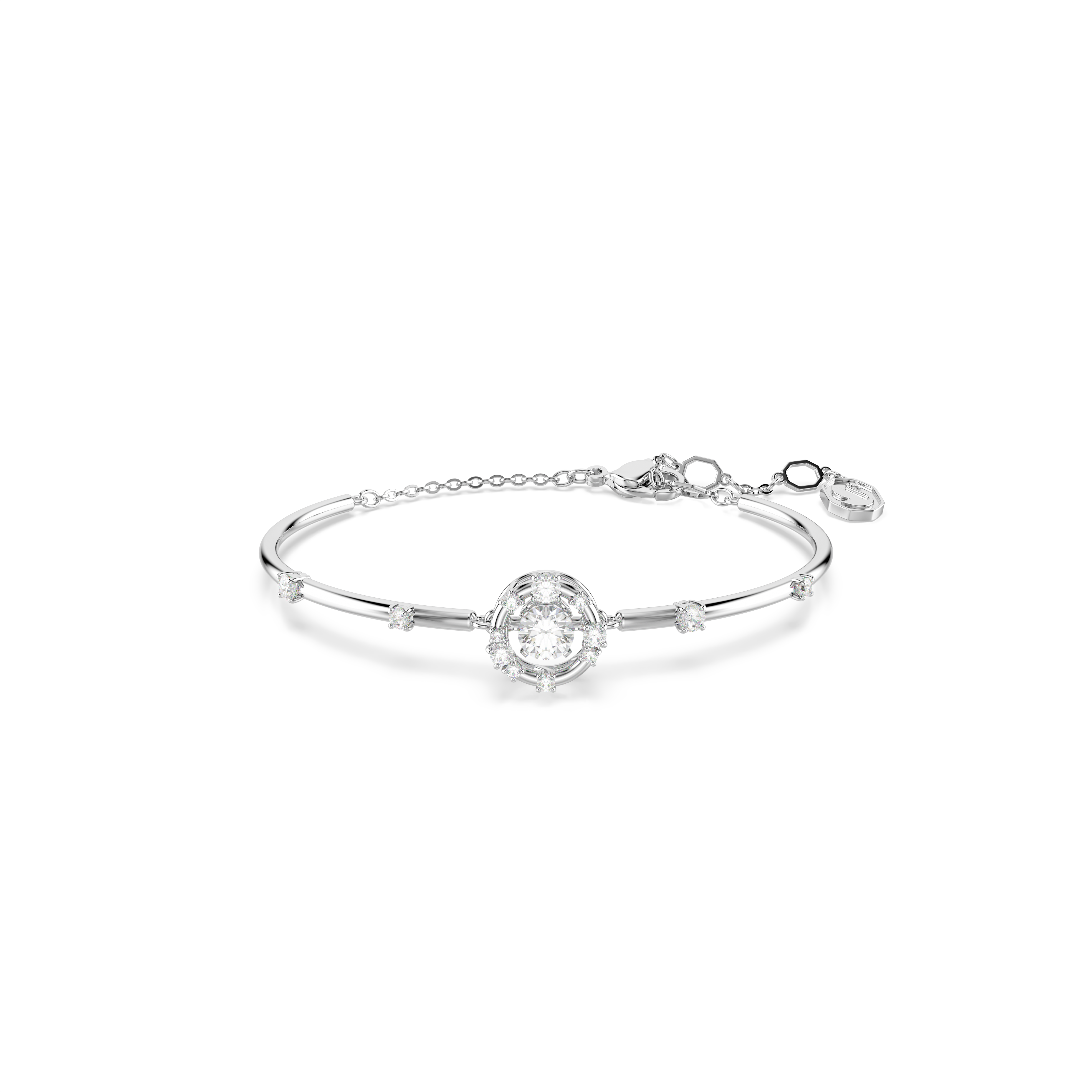 Constella Bangle Bileklik, Yuvarlak Kesim, Dancing Stone, Beyaz, Rodyum Kaplama