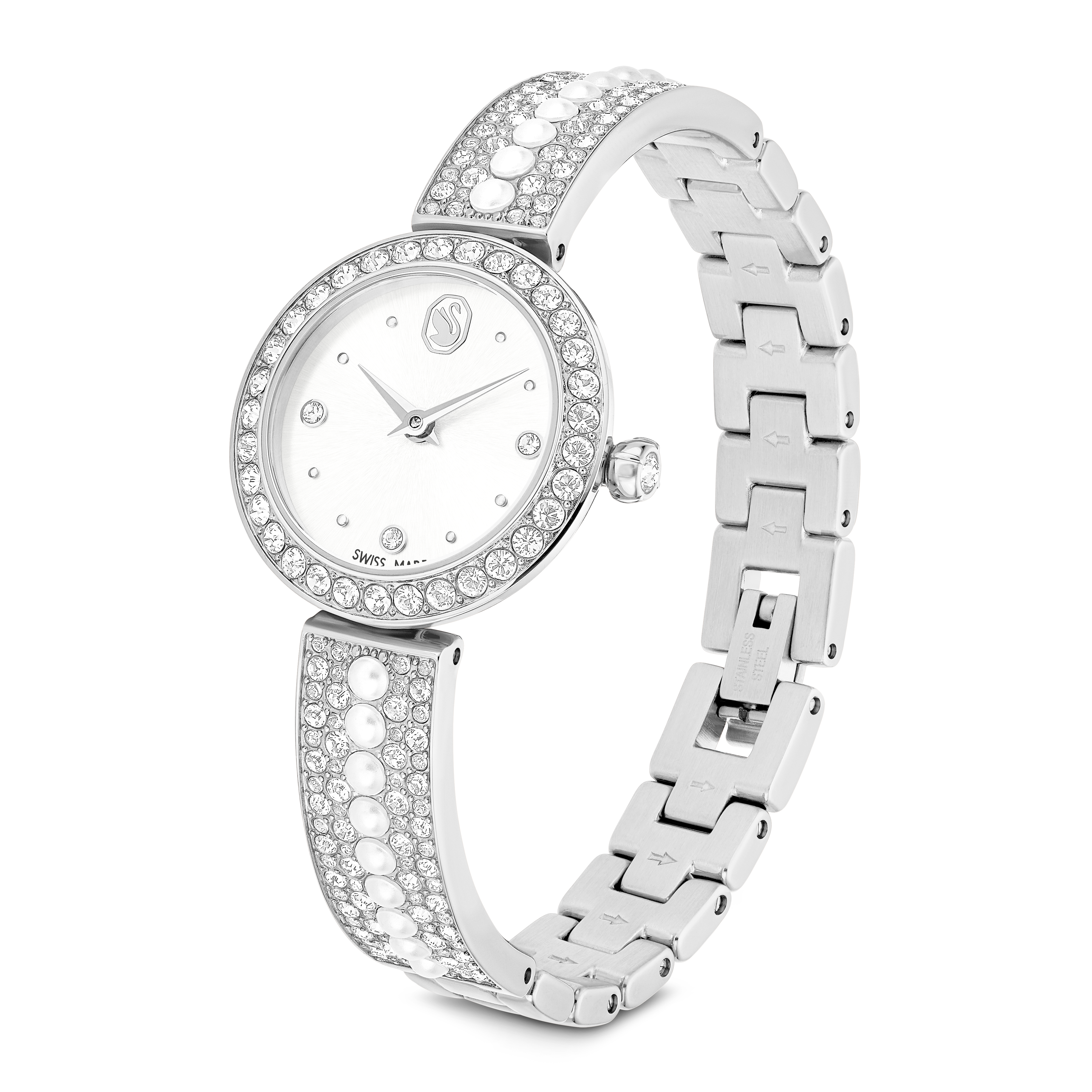 Matrix pearl Bangle Saat, İsviçre Üretimi, Kristal Bileklik, Beyaz, Paslanmaz Çelik