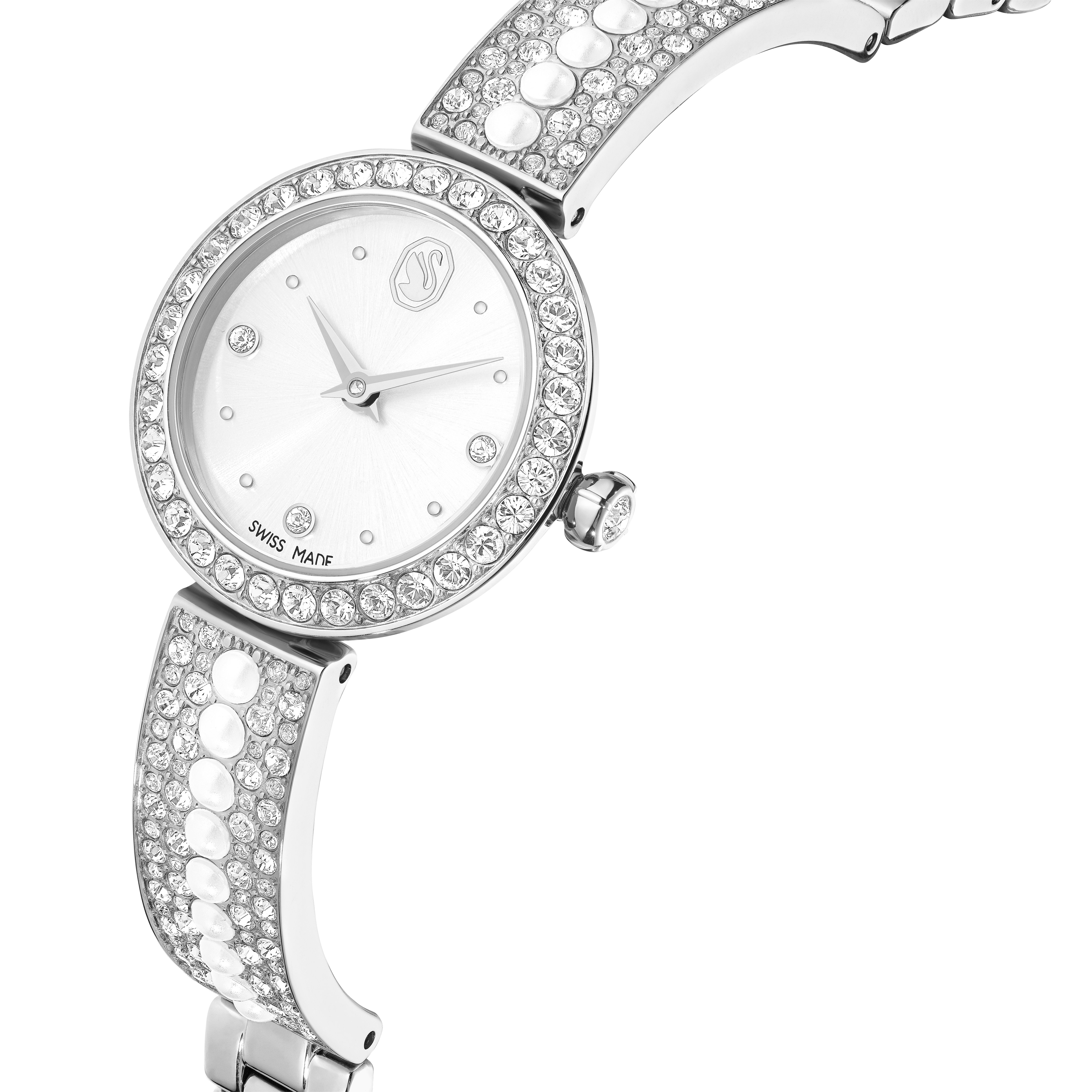 Matrix pearl Bangle Saat, İsviçre Üretimi, Kristal Bileklik, Beyaz, Paslanmaz Çelik