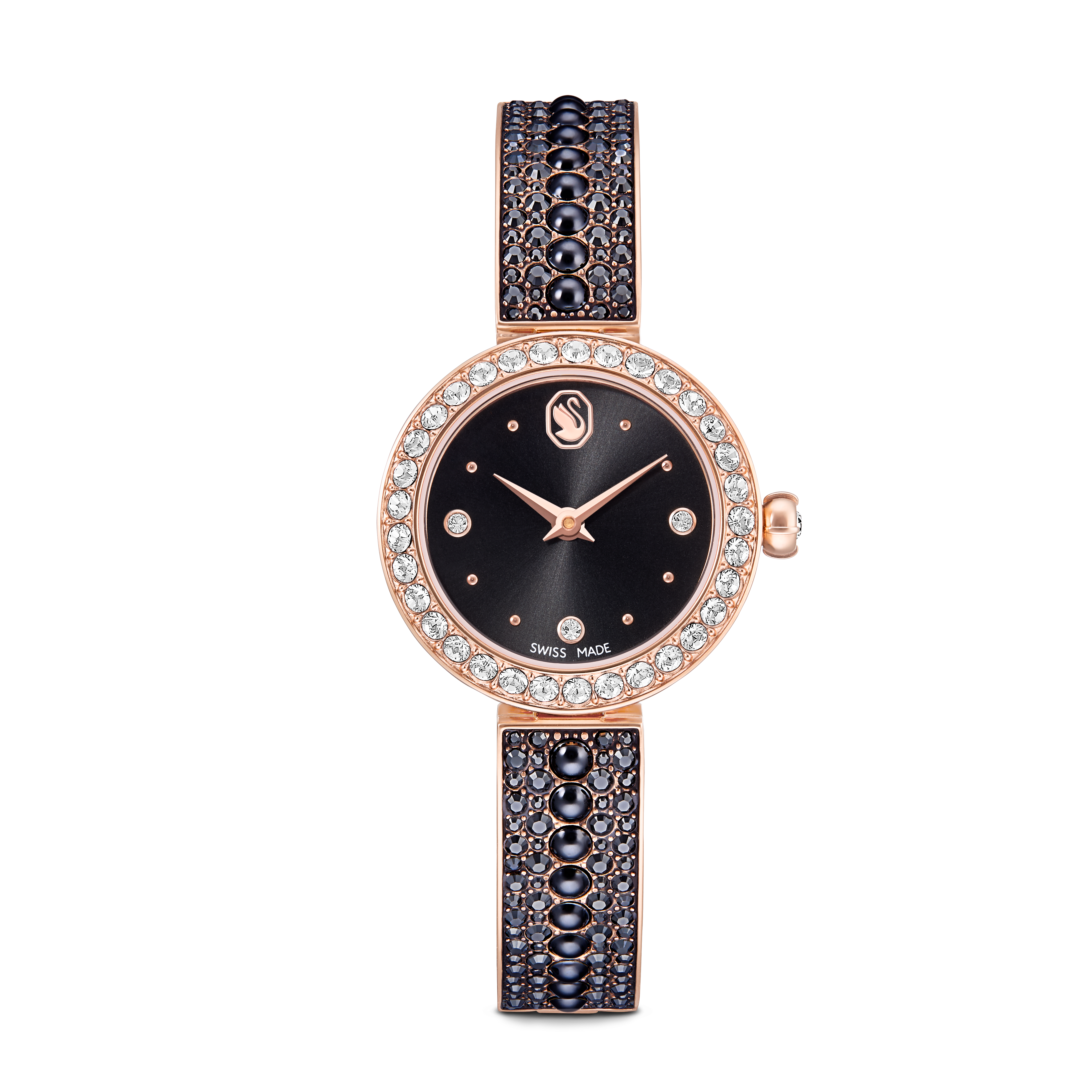 Matrix Pearl Bangle Saat, İsviçre Üretimi, Kristal Bileklik, Siyah, Pembe Altın Rengi Yüzey