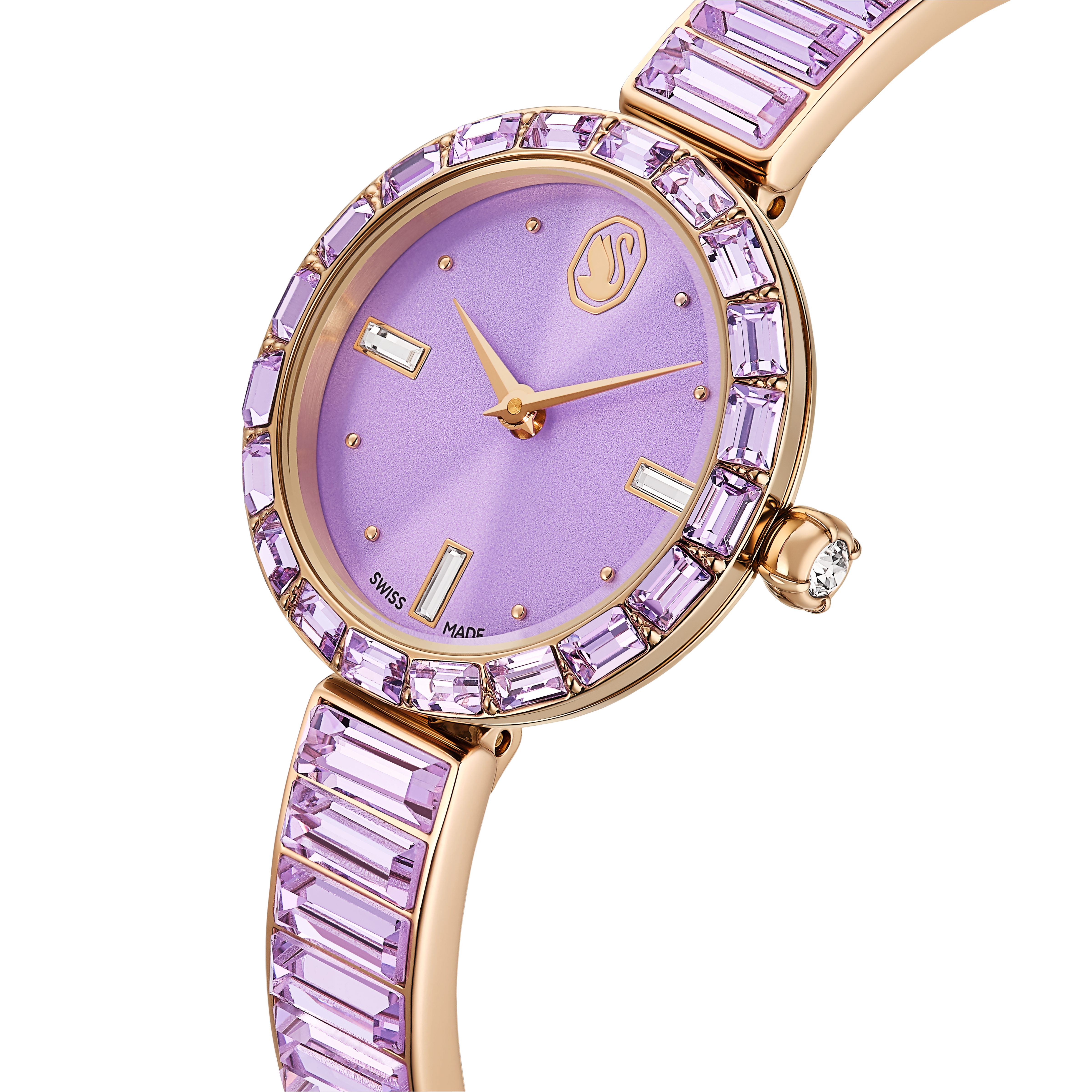 Matrix Bangle Saat, İsviçre Üretimi, Kristal Bangle Bileklik, Mor, Şampanya Altın Rengi Yüzey