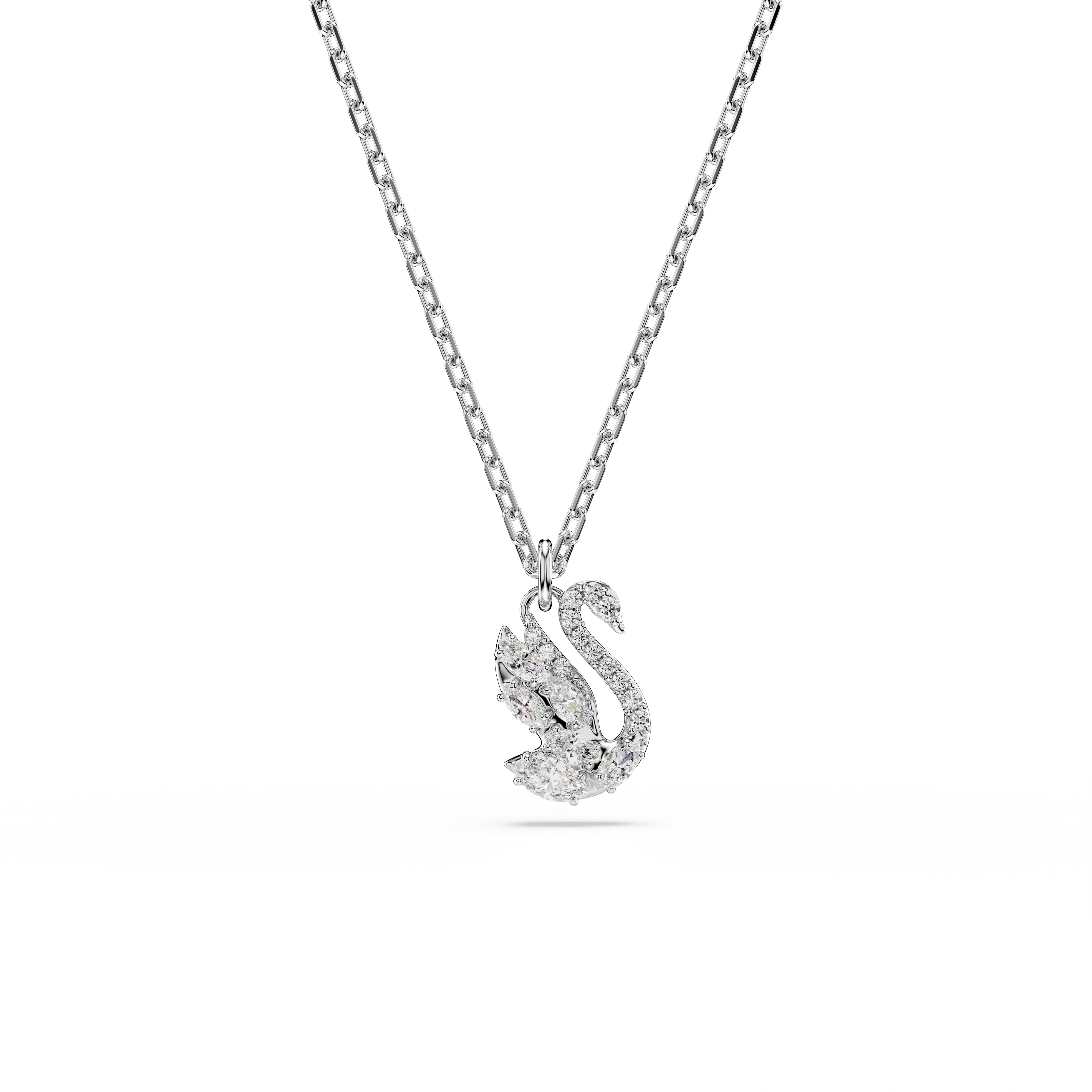 Swan Zincir Kolye, Karışık Kesim, Kuğu, Beyaz, Rodyum Kaplama