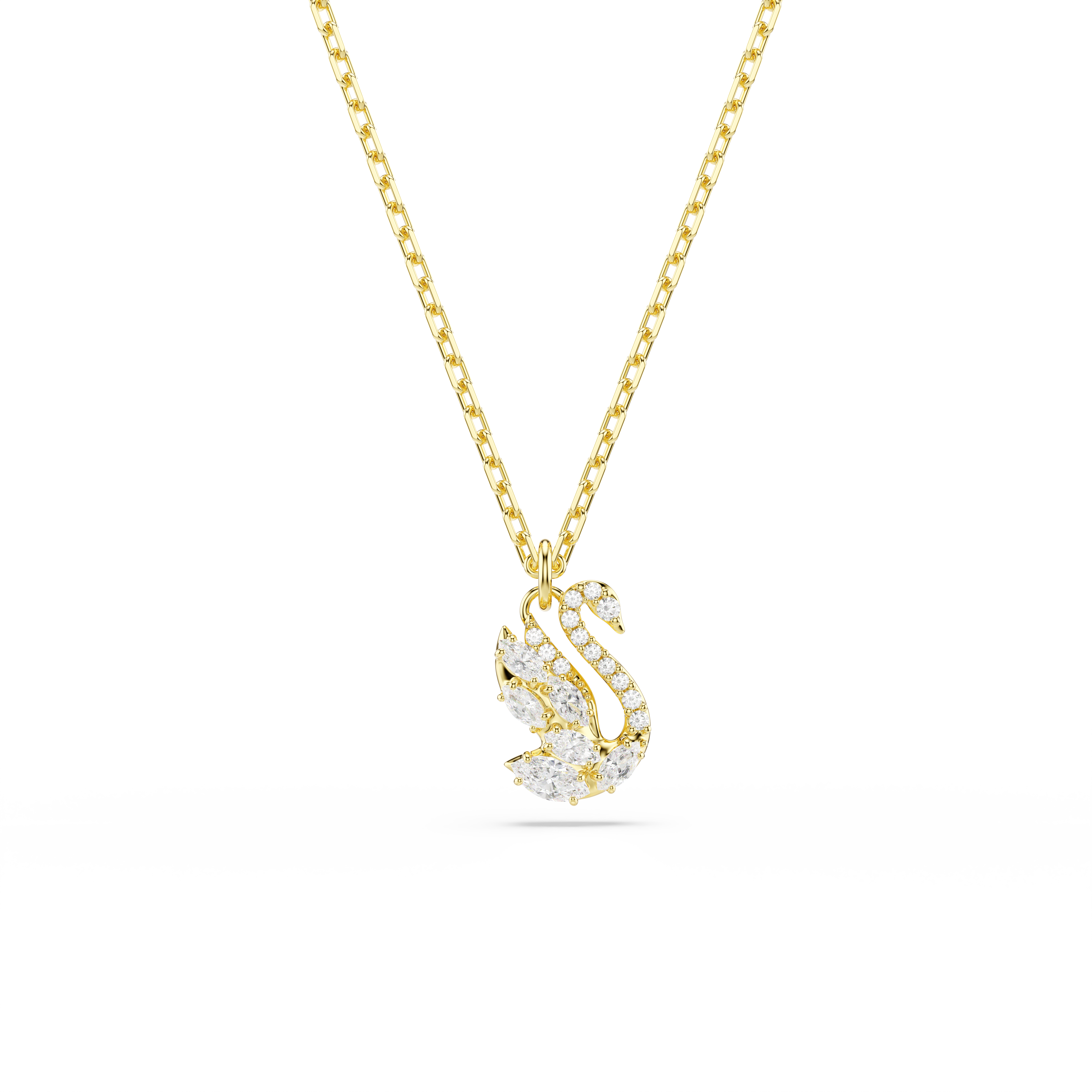 Swan Zincir Kolye, Karışık Kesim, Kuğu, Beyaz, 18K Altın Rengi Yüzey