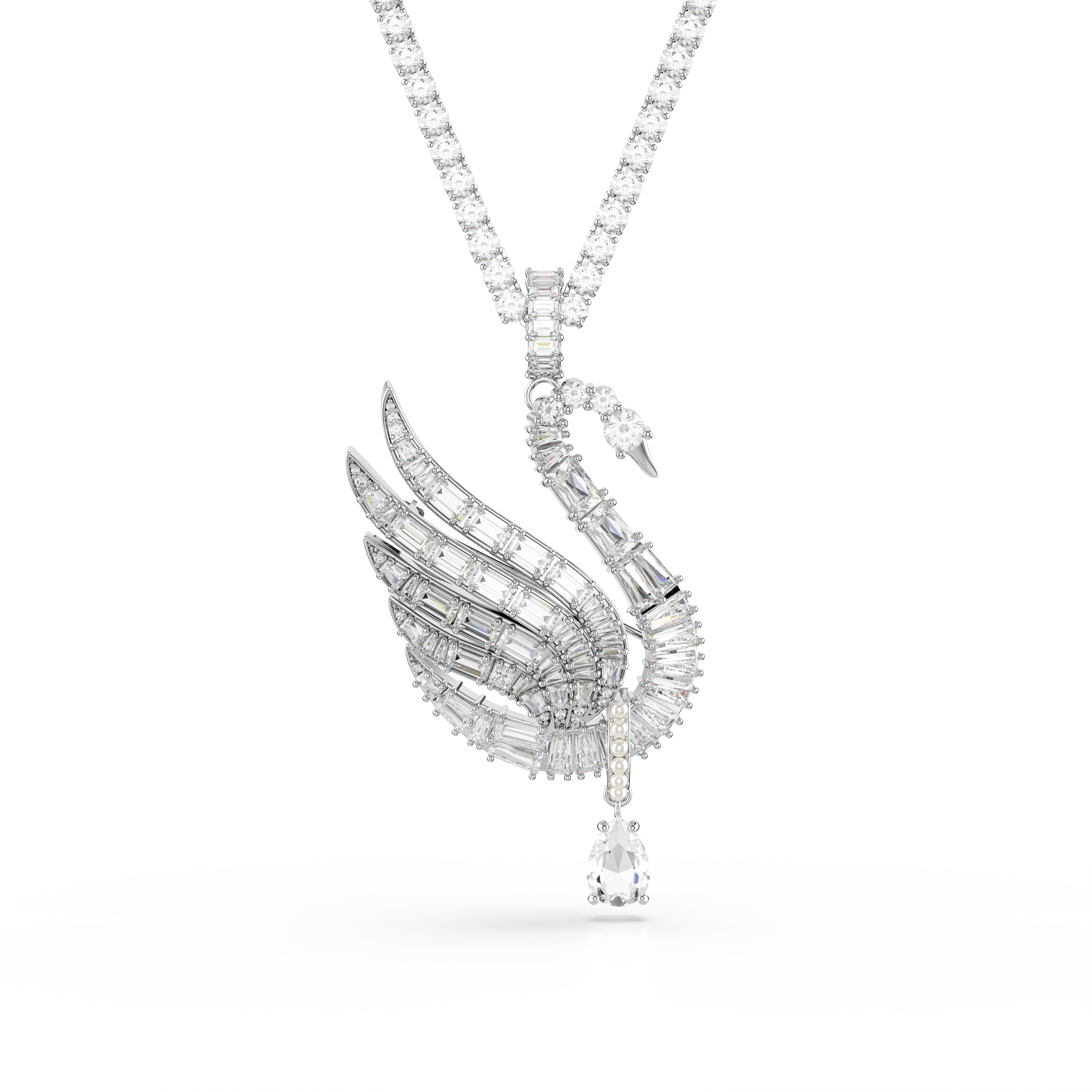 Vienna Zincir Kolye Ve Broş, Karışık Kesim, Kuğu, Beyaz, Rodyum Kaplama