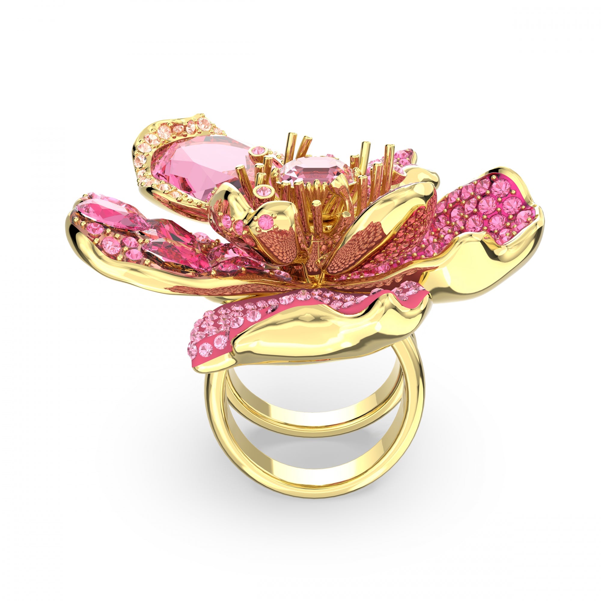 Florere Yüzük, Pave, Flower, Pembe, Sarı Altın Rengi Kaplama