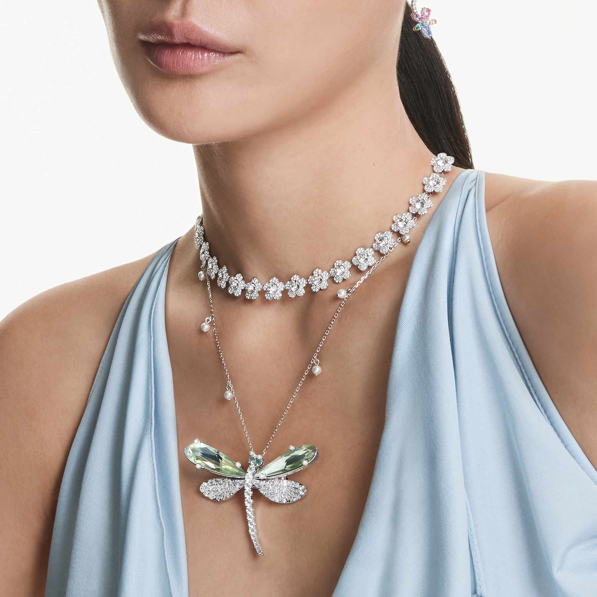 Ariana Grande x Swarovski Kolye ve broş, Karışık Kesim, Yusufçuk, Yeşil, Rodyum Kaplama
