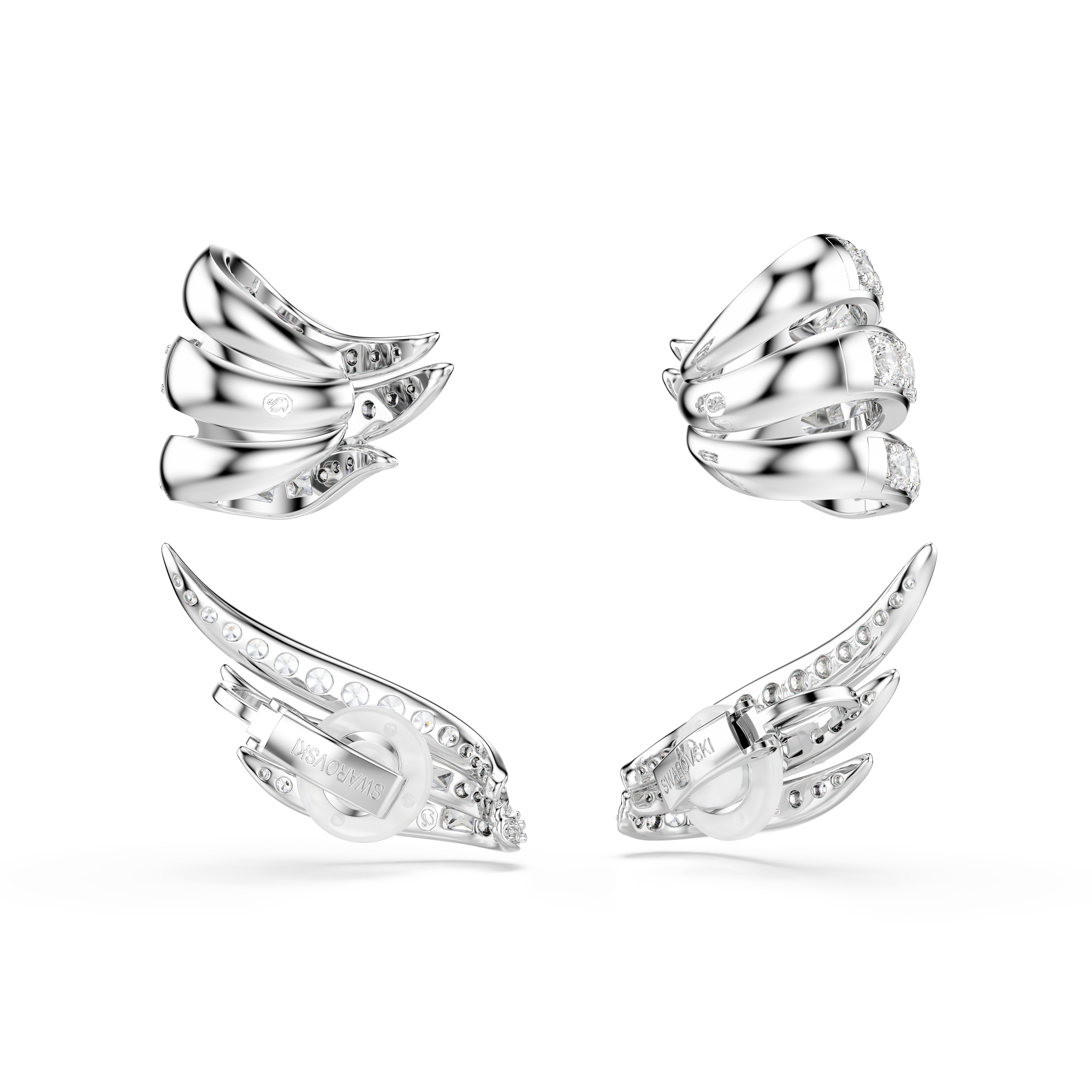 Vienna Ear Cuffs Küpe, Karışık Kesim, Kuğu, Beyaz, Rodyum Kaplama