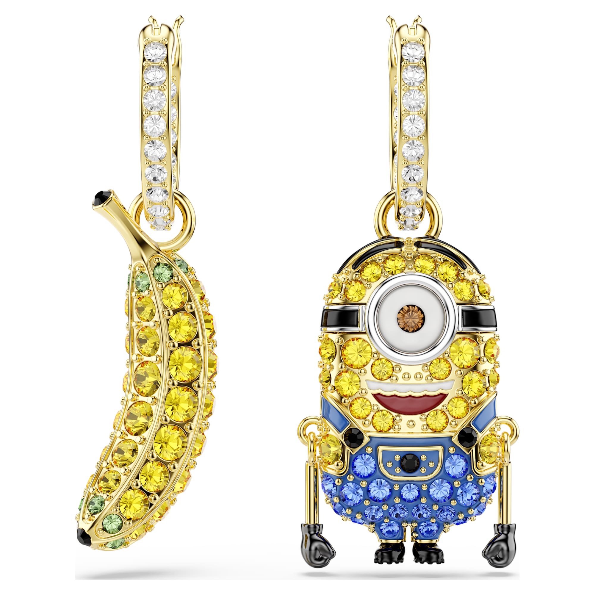 Minions Stuart and Banana Halka Küpe, Pave, Mini, Çok Renkli, Sarı Altın Rengi Kaplama