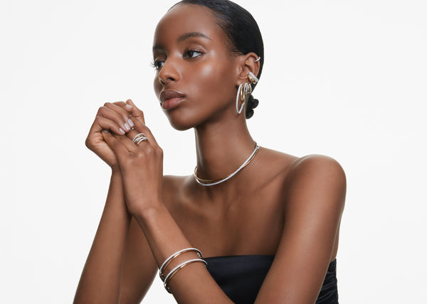 Hyperbola Bangle Bileklik, Round Cut, Beyaz, Karişik Metal Kaplama